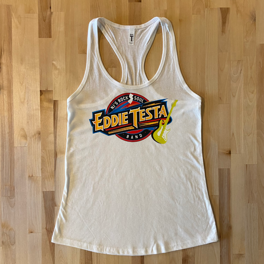 Eddie Testa White Fitted Ladies Racerback Tank with Neon Guitar Logo