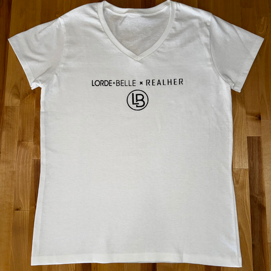 LORDE + BELLE x REALHER Ladies White V Neck T-Shirt with Black Glitter Logo